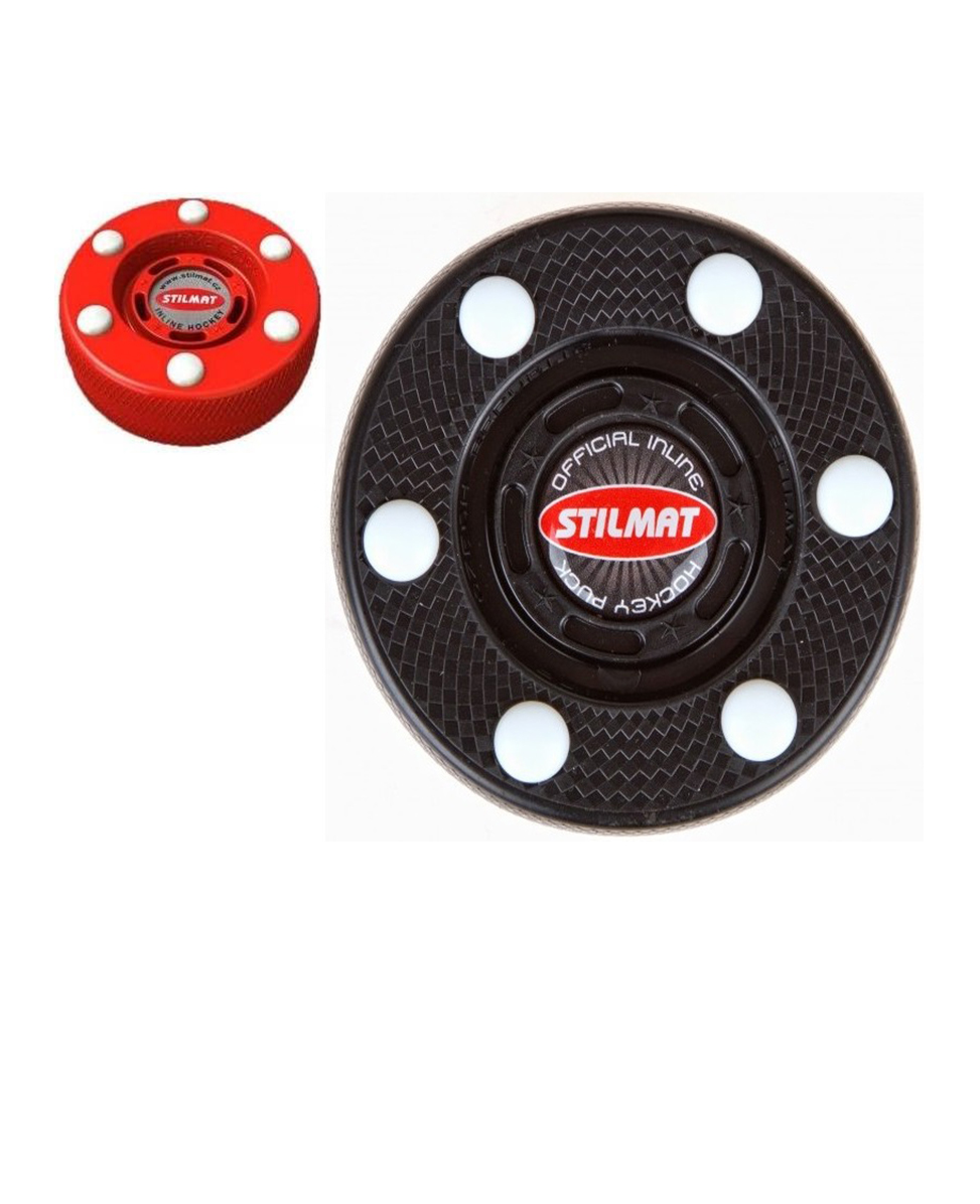 Stilmat puck for inline hockey in red and black